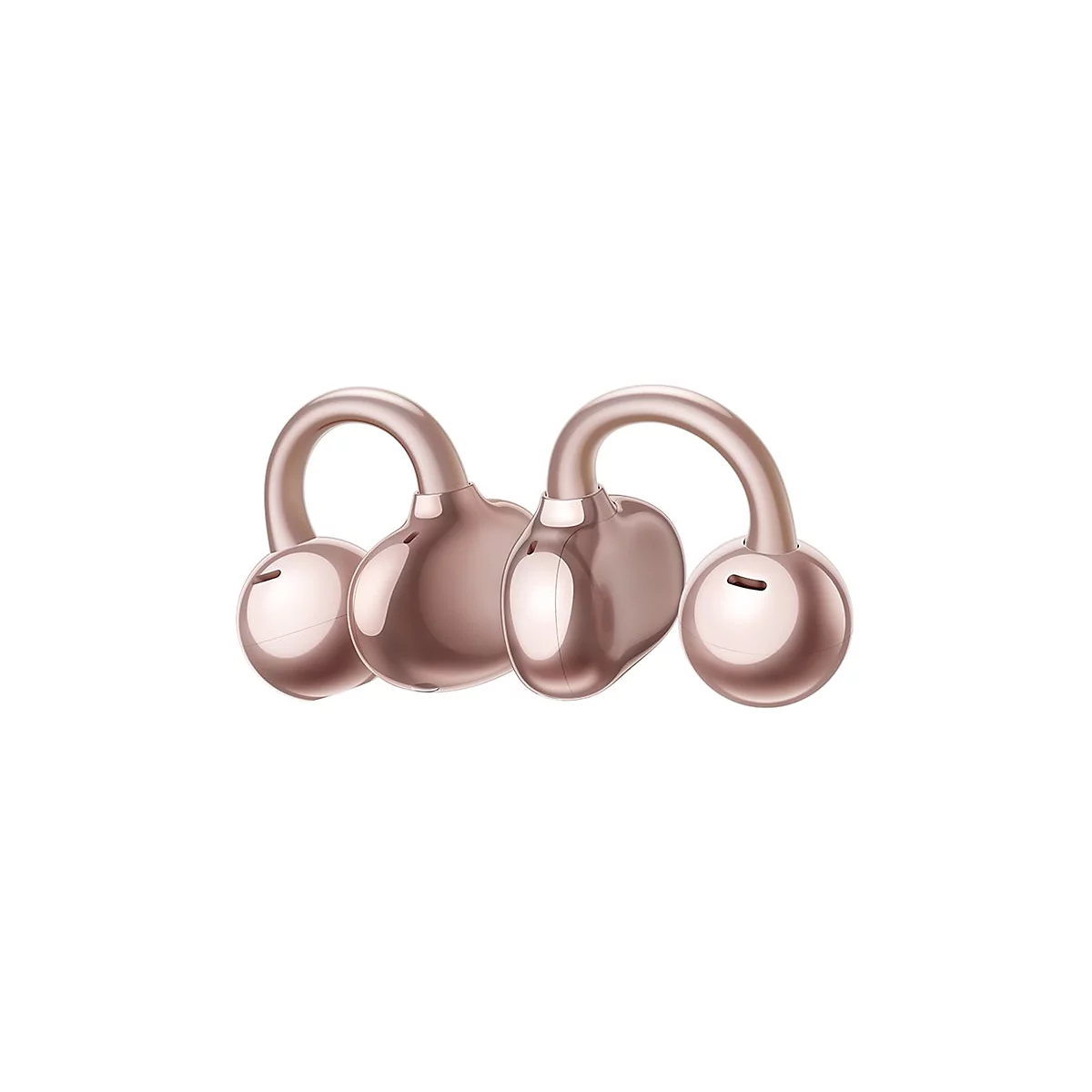 Zwei roségoldene Kopfhörer mit einem einzigartigen Design, das sich an die Ohren anpasst.