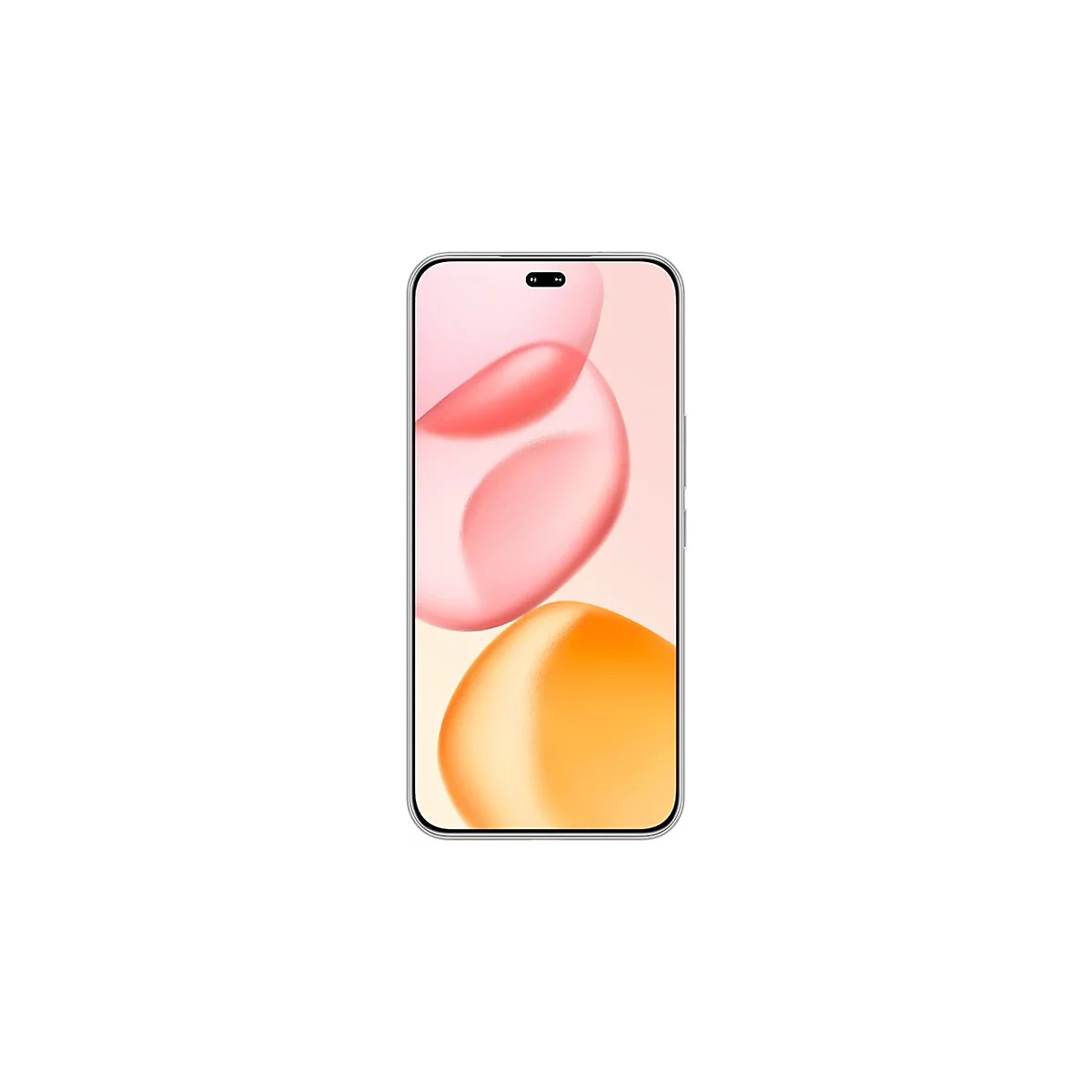Smartphone, silberner Rahmen, Display mit rosa und orangefarbenen Kreisen. Oben ein längliches Loch für die Kamera.