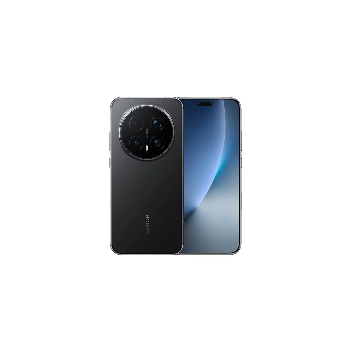 Schwarzes Smartphone mit großem Kamera-Modul, links neben einem weiteren Telefon mit blauem Bildschirm. "HONOR" auf der Rückseite.