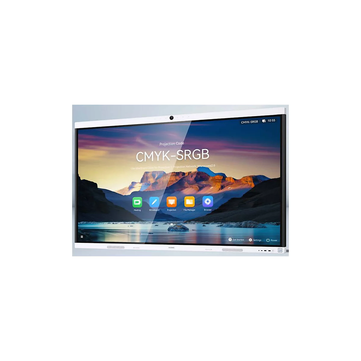 Ein großer, weißer Bildschirm mit einem bunten Landschaftsbild. Auf dem Bildschirm sind Apps und Schriftzüge zu sehen: CMYK-SRGB, Meeting, Whiteboard, Projection, File Manager und Browser.