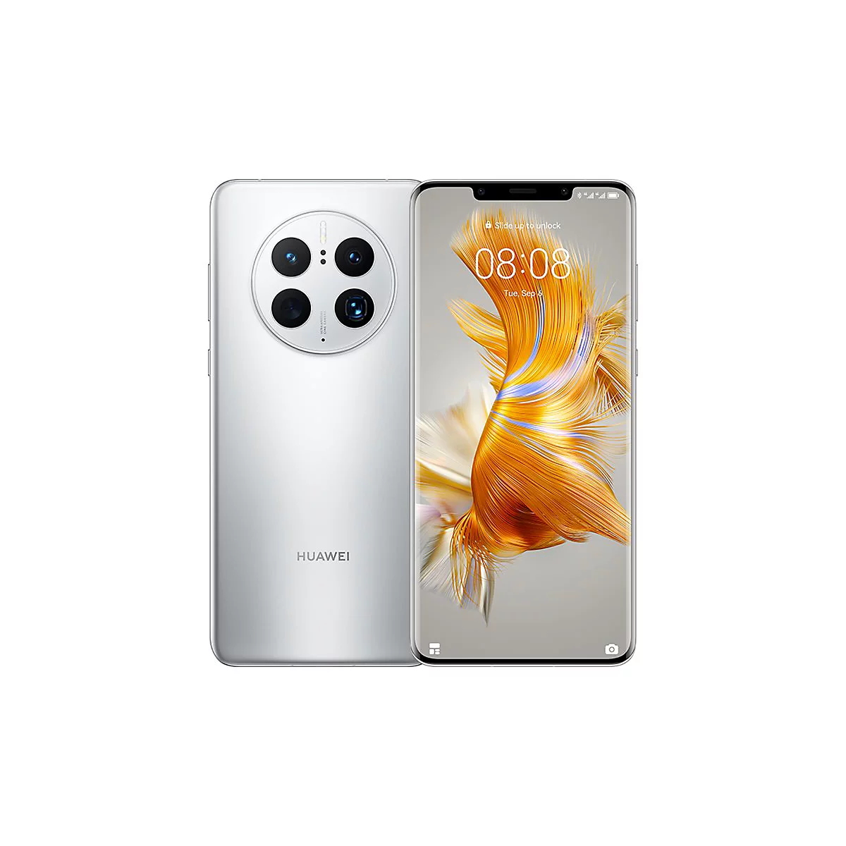 Ein silbernes Smartphone mit vier Linsen auf der Rückseite. Das Display zeigt Uhrzeit und abstraktes Muster.