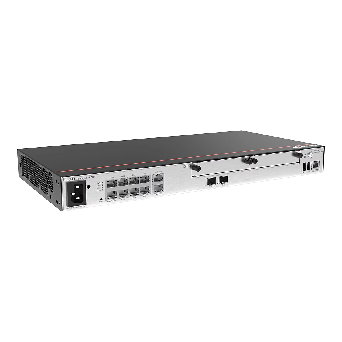 Huawei NetEngine AR720 Router in Silber und Schwarz auf weißem Hintergrund.