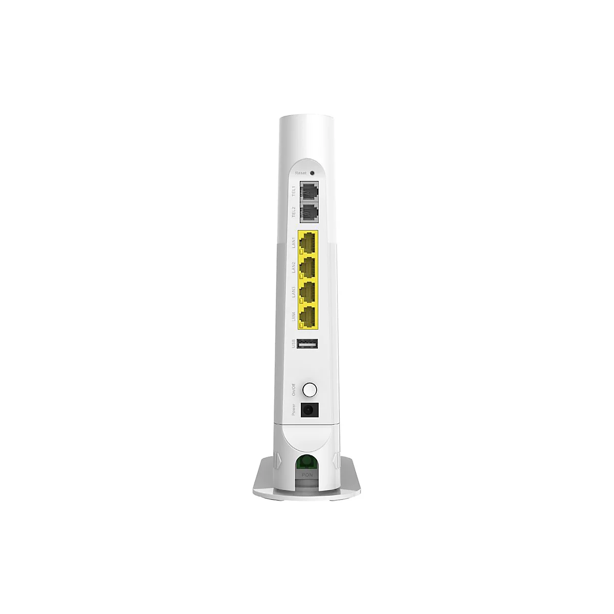 Rückansicht eines weißen Routers mit LAN-, Telefon- und Stromanschlüssen vor weißem Hintergrund.