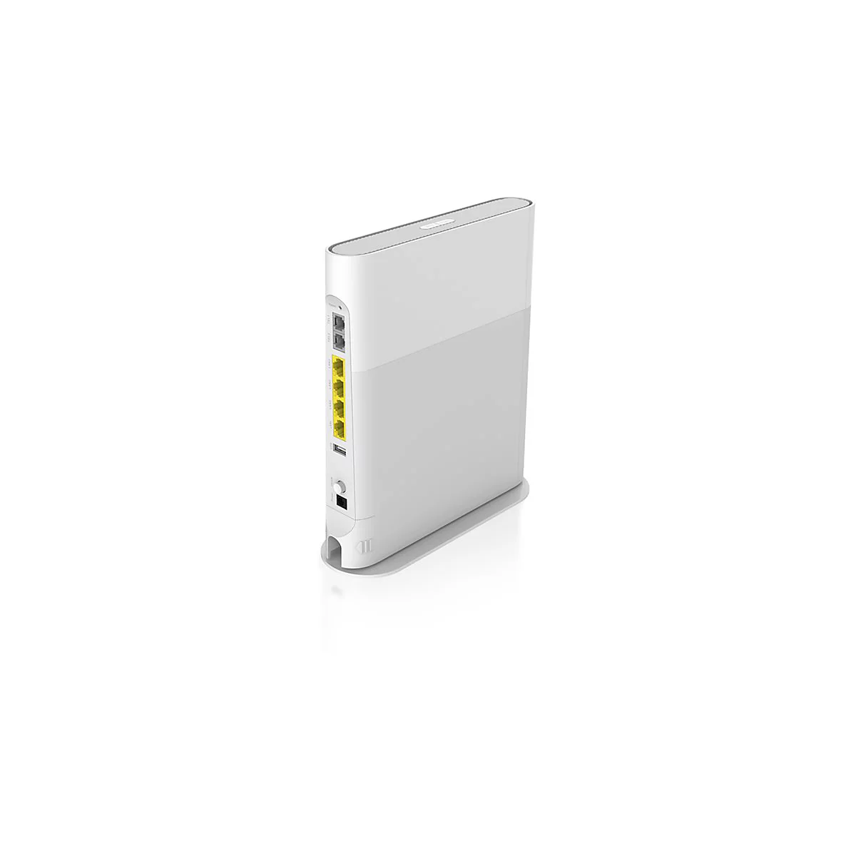 Weißer, schlanker WLAN-Router mit seitlichen Anschlüssen und gelben LAN-Buchsen auf einem Standfuß.