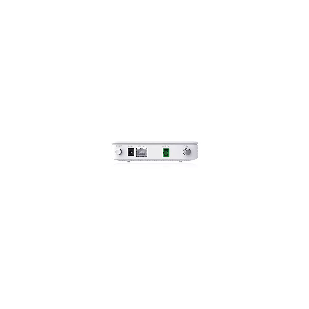 Rückansicht eines weißen Glasfaser-Routers mit Anschlüssen für Strom, LAN, optisches Kabel und CATV.