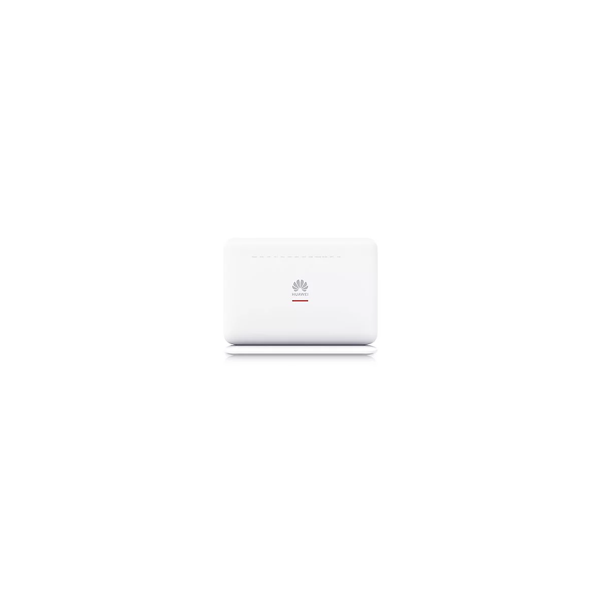 Weißer Router mit Huawei-Logo. Oben Leuchten, unten Standfuß.