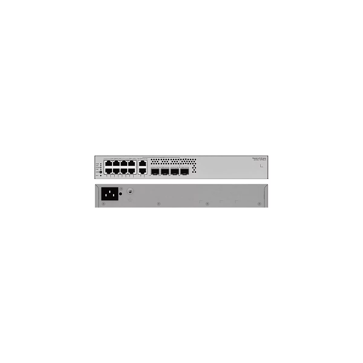 Appareil réseau gris avec ports, étiquettes et connecteur d'alimentation. Les ports et les indicateurs sont situés en haut.