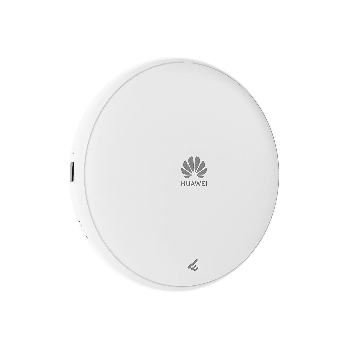 Routeur Huawei rond et blanc. Le dessus est marqué d'un logo. Il y a des ports sur le côté.