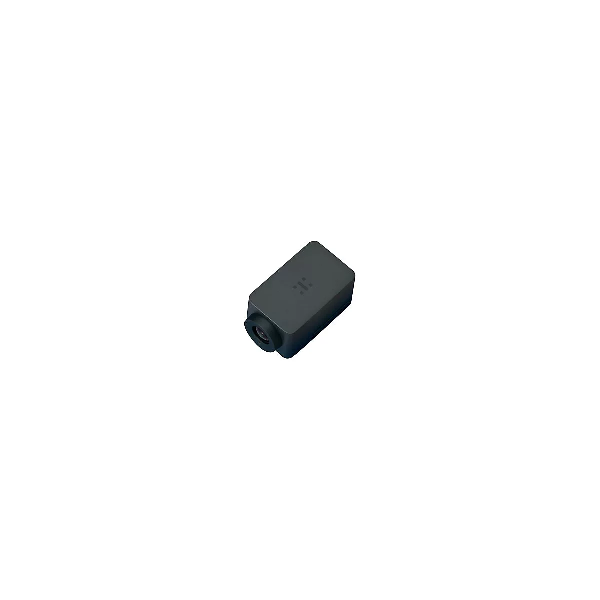 Eine Huddly-Webcam mit Zubehör. Auf weißem Grund liegen die Webcam, eine Tragetasche mit Reißverschluss, ein USB-Kabel und die Verpackung.