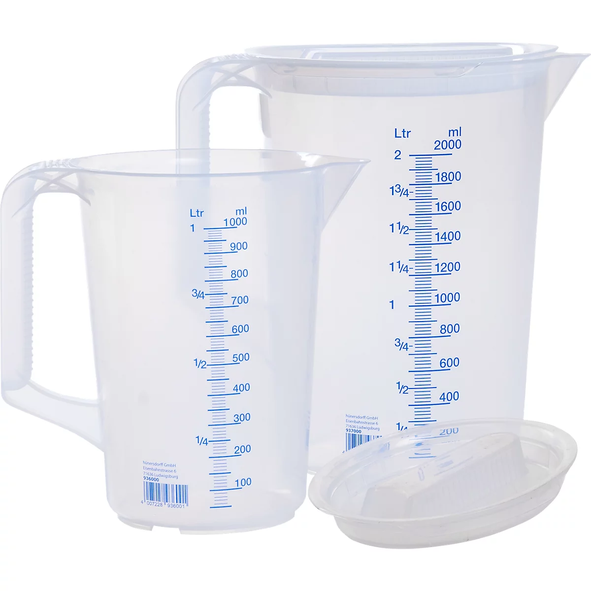 Two measuring jugs made of transparent plastic, one with a handle and scale, the other large with a lid.