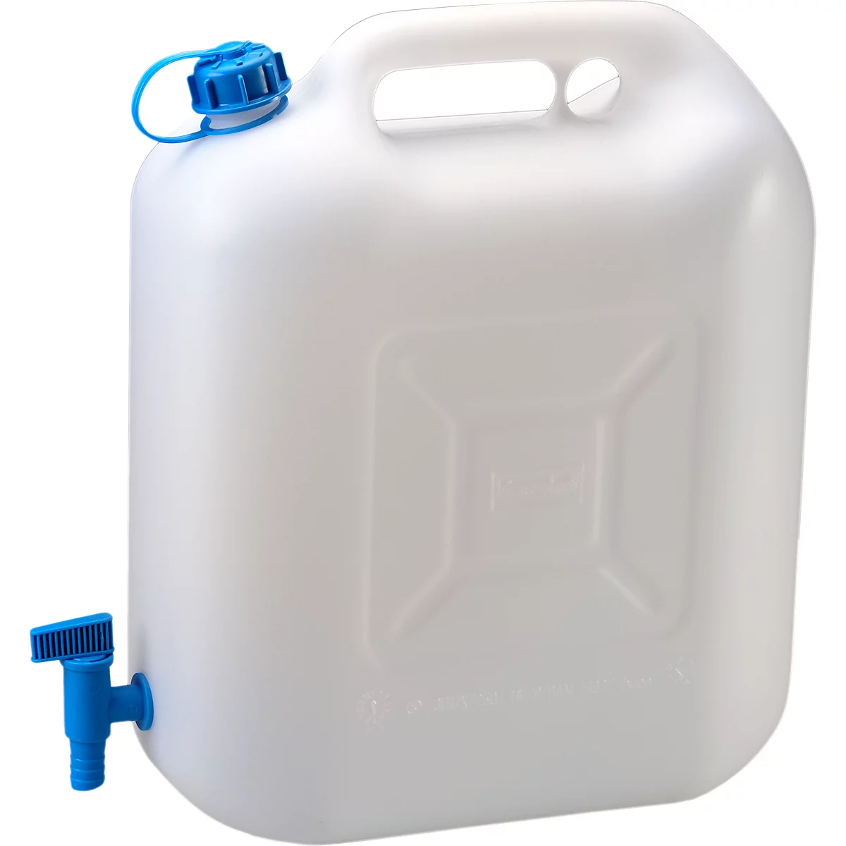 Witte waterkan met blauwe dop en uitloopkraan, handvat bovenop.