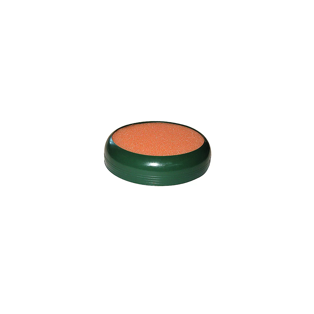 Round, green container with an orange foam pad. It is pictured against a white background.
