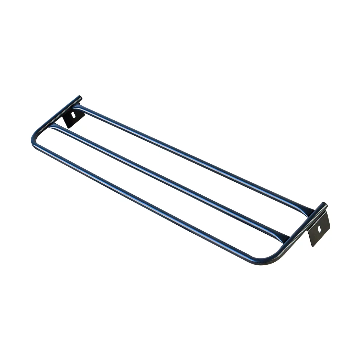 Blaues Metallgitter, mit drei parallelen Stangen, die von einem Rahmen gehalten werden.