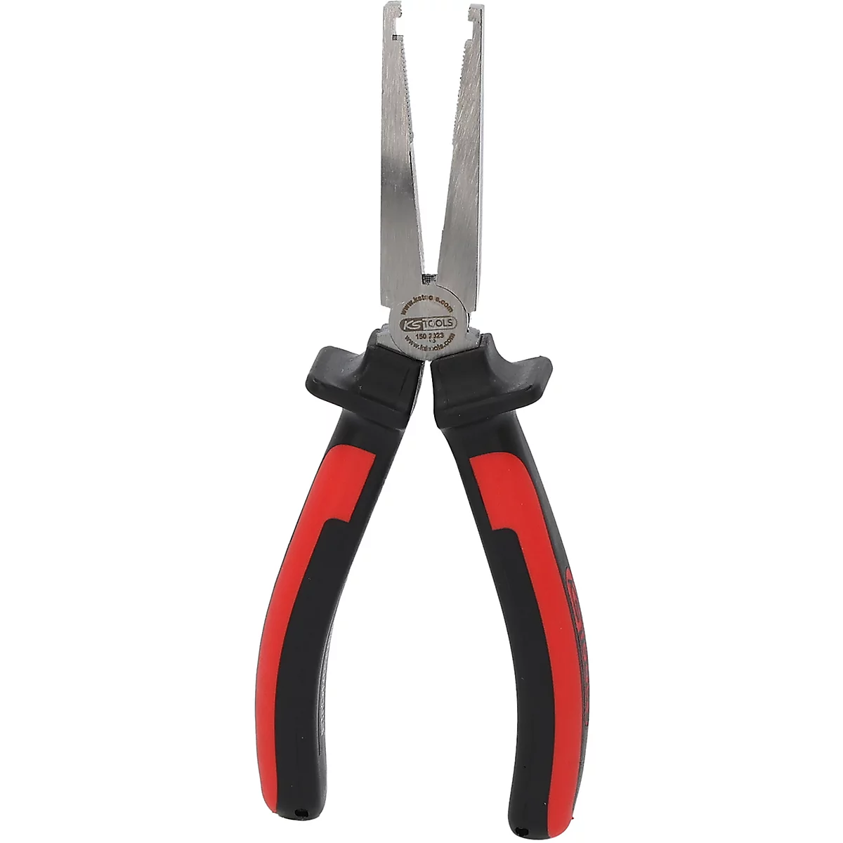 Eine Spitzzange mit roten und schwarzen Griffen. Die Zange hat eine offene Spitze und ist für feine Arbeiten konzipiert.