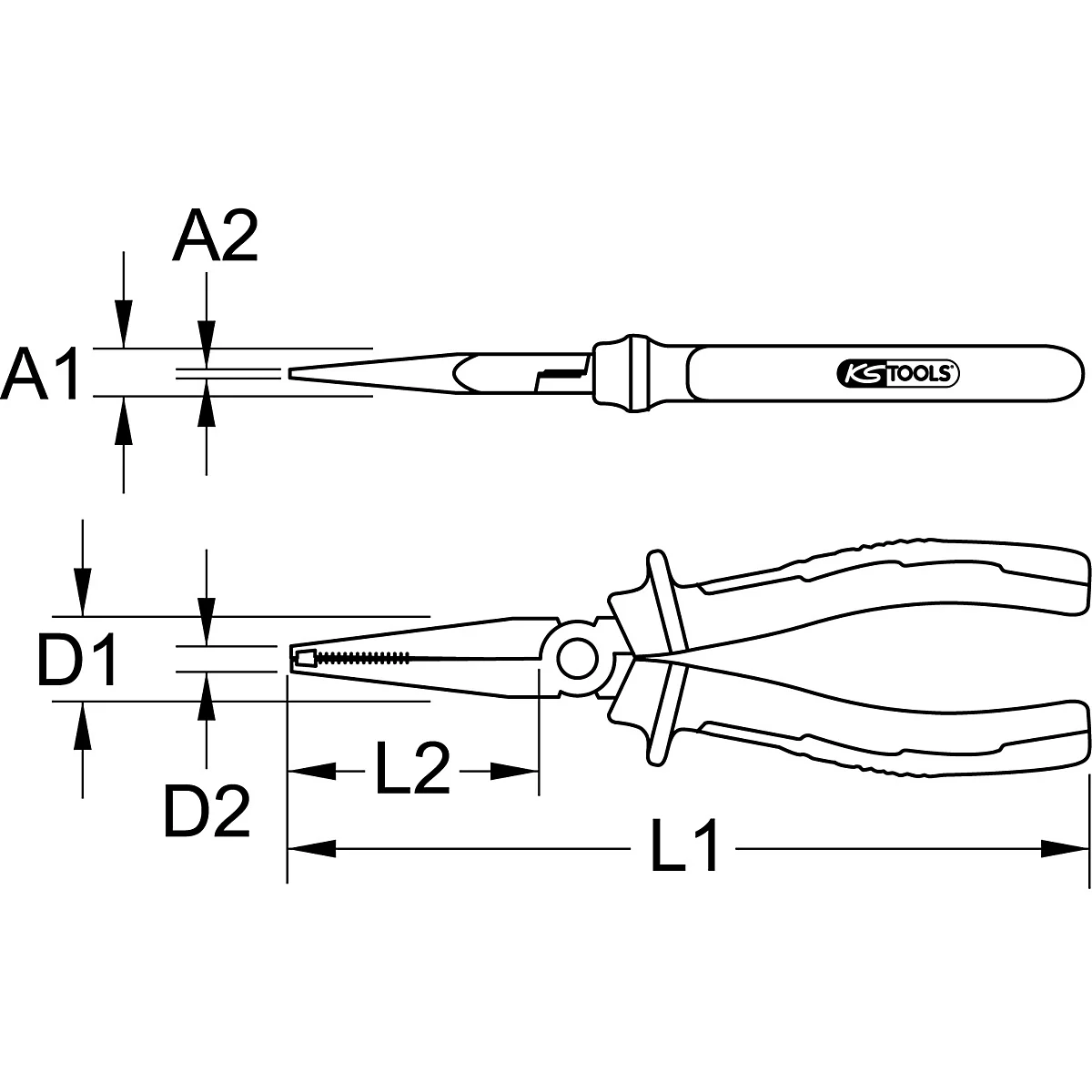 Zeichnung einer Spitzzange mit Maßangaben. Oben die Spitze, unten die Zange mit Griffen.