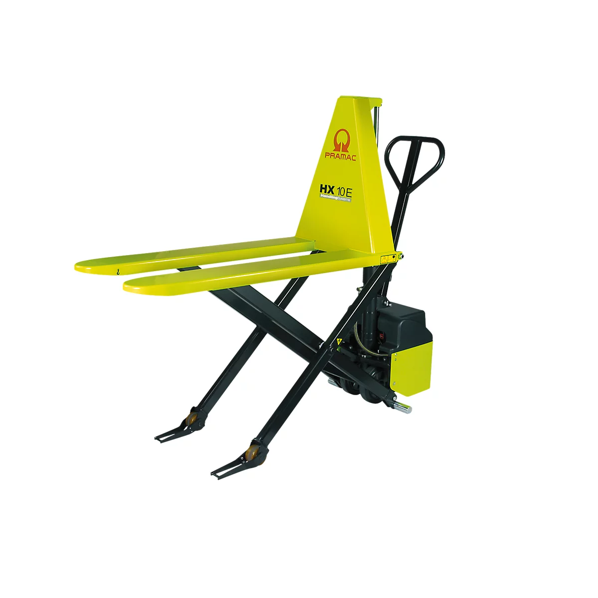 Yellow forklift with black lifting frame, in front of a white background. Inscription: PRATAC HX 10E.