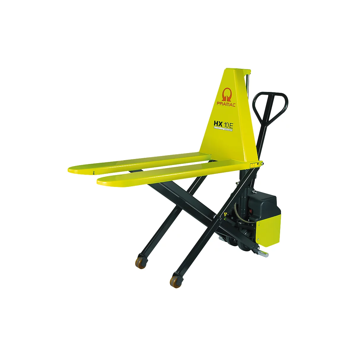 Yellow electric forklift with black elements. Inscription: Pramac HX 10E.