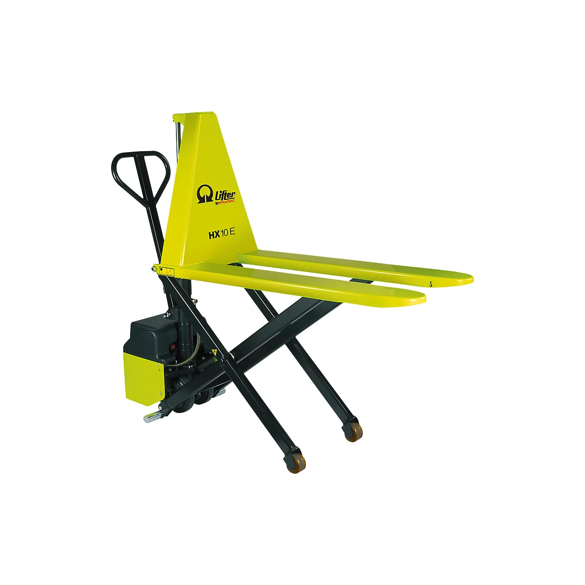 Yellow electric pallet truck with the inscription HX10 E. Black lifting arms and wheels.