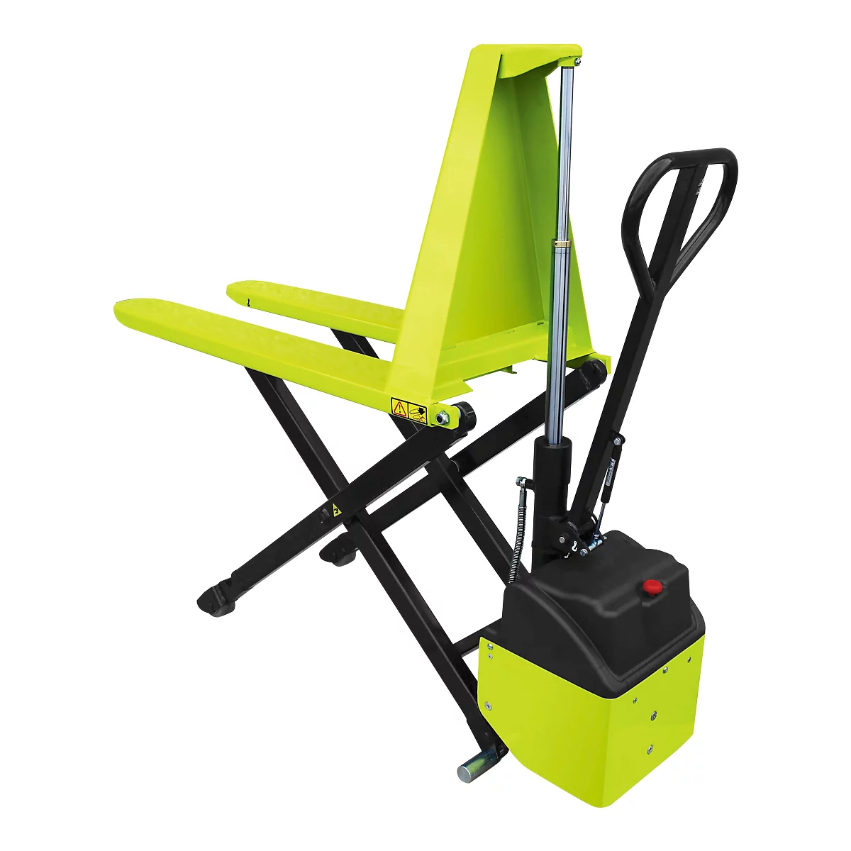 Yellow and black hand pallet truck. The forks are yellow, the frame is black, and the control unit is yellow and black.