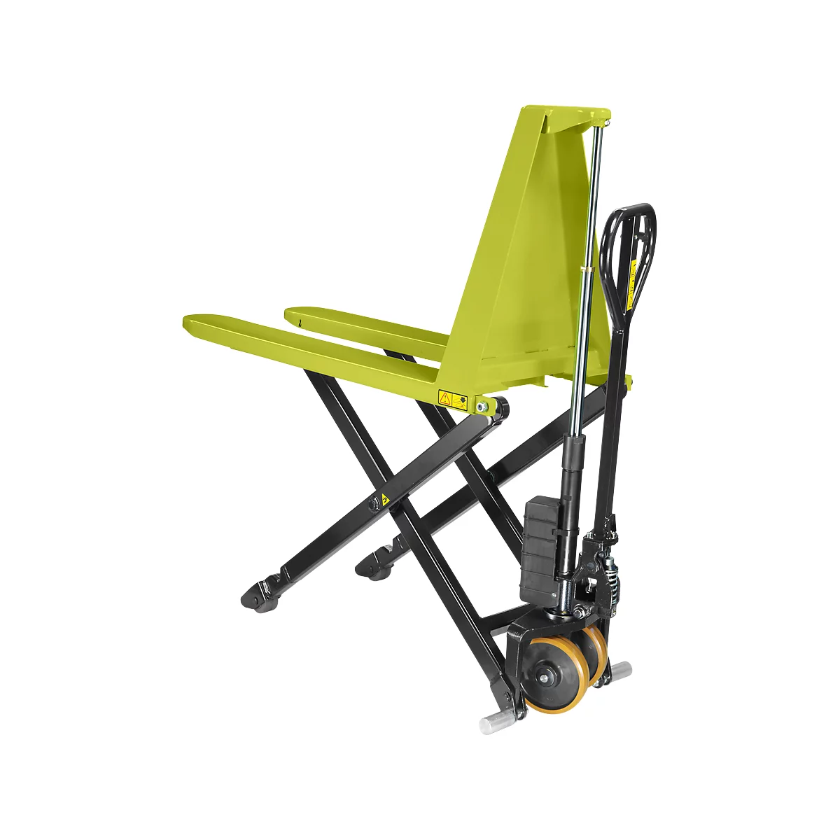 Green and black forklift. The forks are horizontal, the lifting system is collapsed. The device is designed for heavy loads.