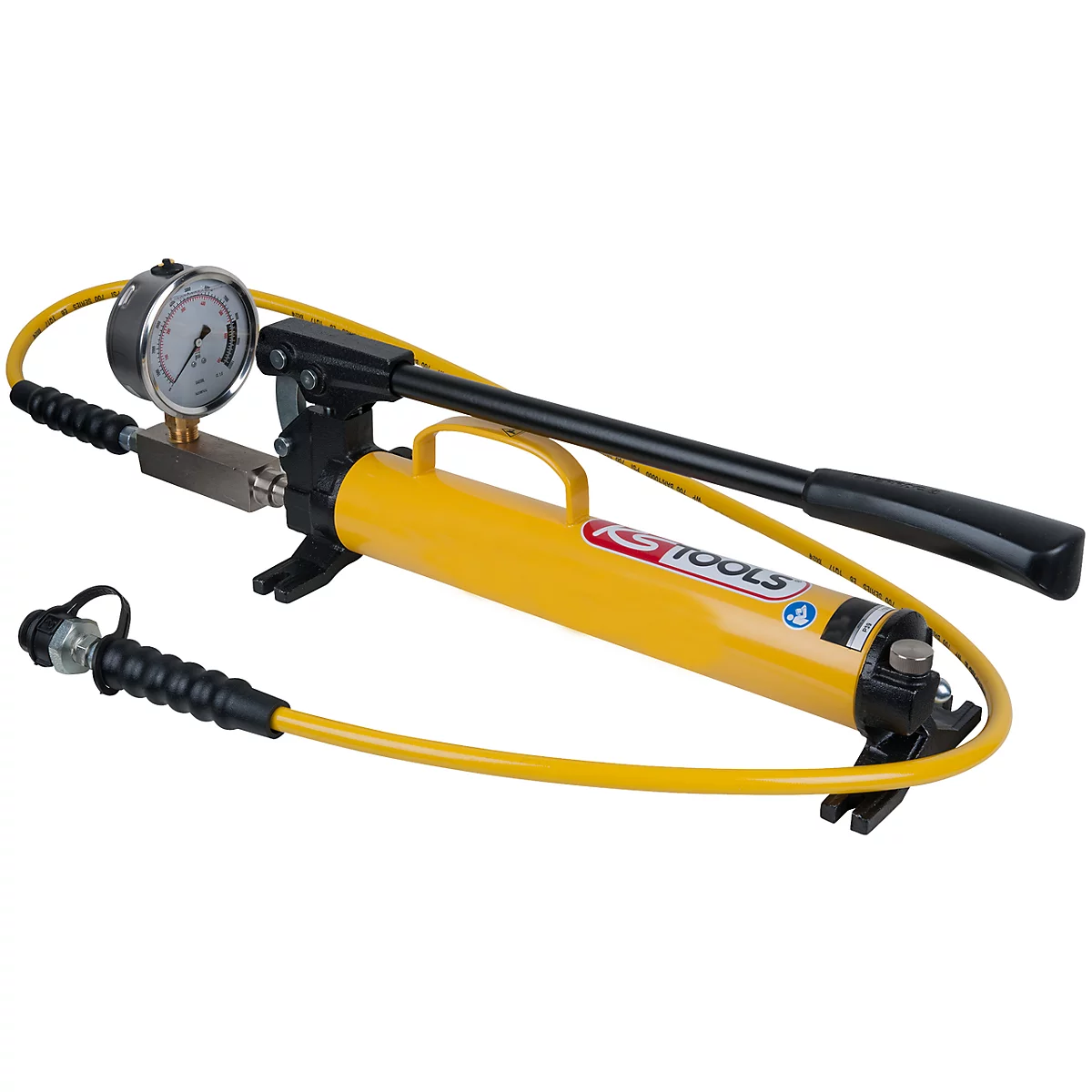 Gelbe Hydraulikpumpe mit Manometer und schwarzem Griff. Die Pumpe hat eine gelbe Leitung und das Logo "KS TOOLS".