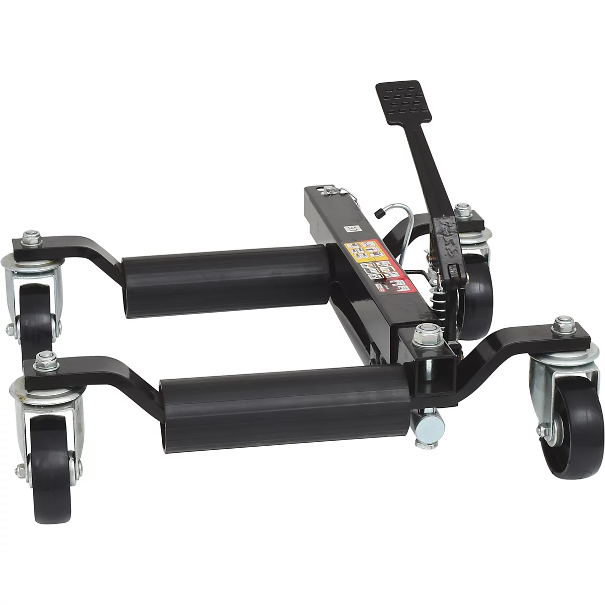 Schwarzer Motorradheber mit Rollen, Hebel und Pedal.