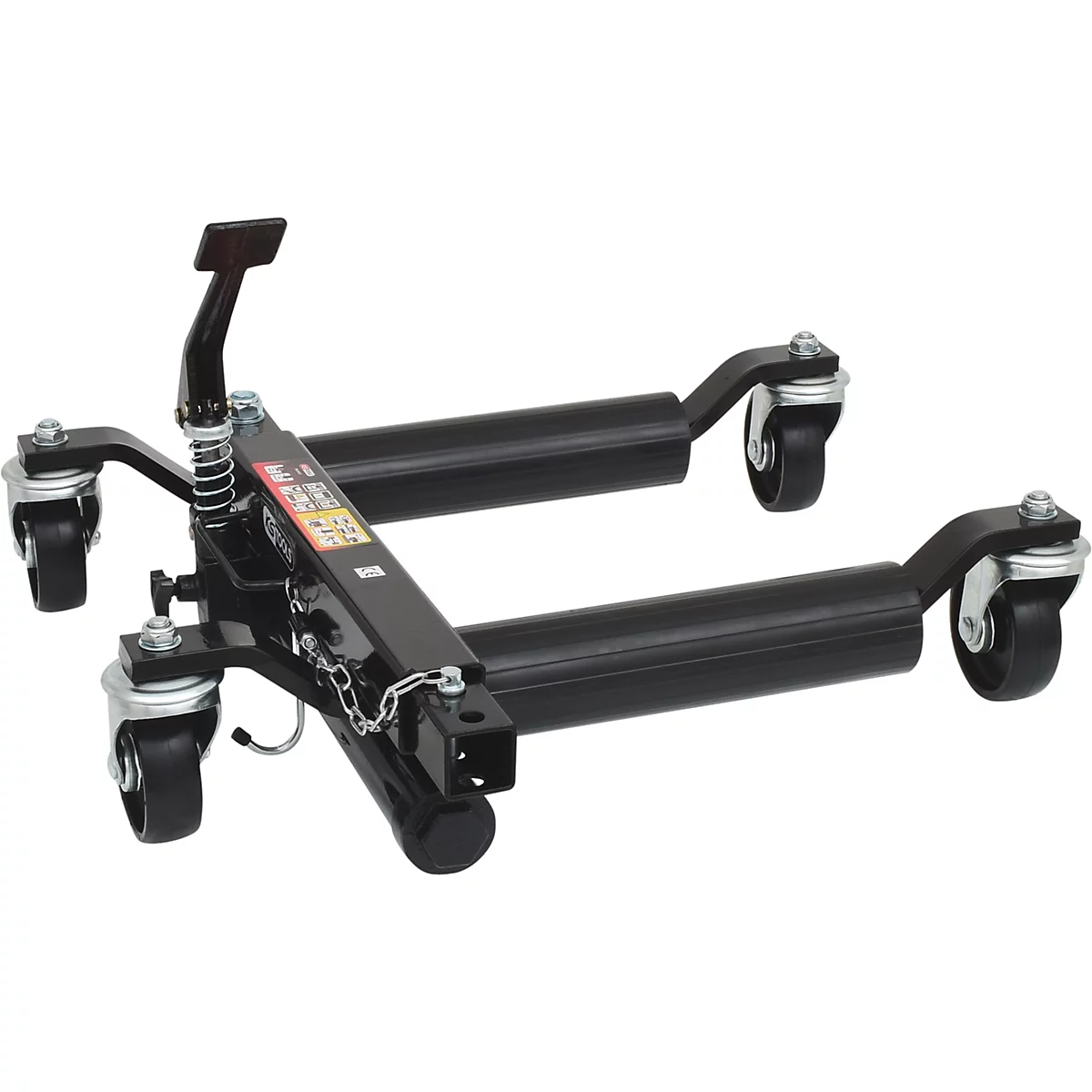 Schwarzer Getriebeheber auf Rollen, mit Hebel und Kette.