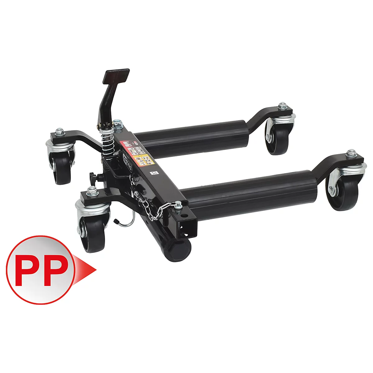 Schwarze Wagenheberstütze mit Rollen und rotem PP-Logo.