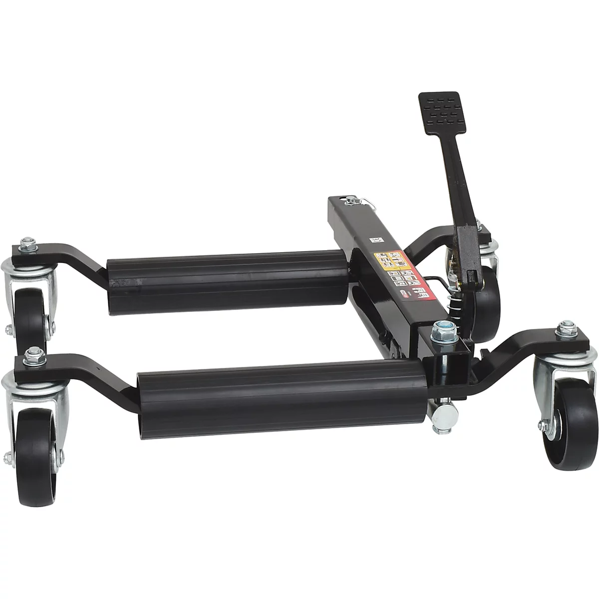 Schwarze Getriebe-Laufkatze auf Rollen, mit Hebel und Pedale. Vor neutralem Hintergrund.