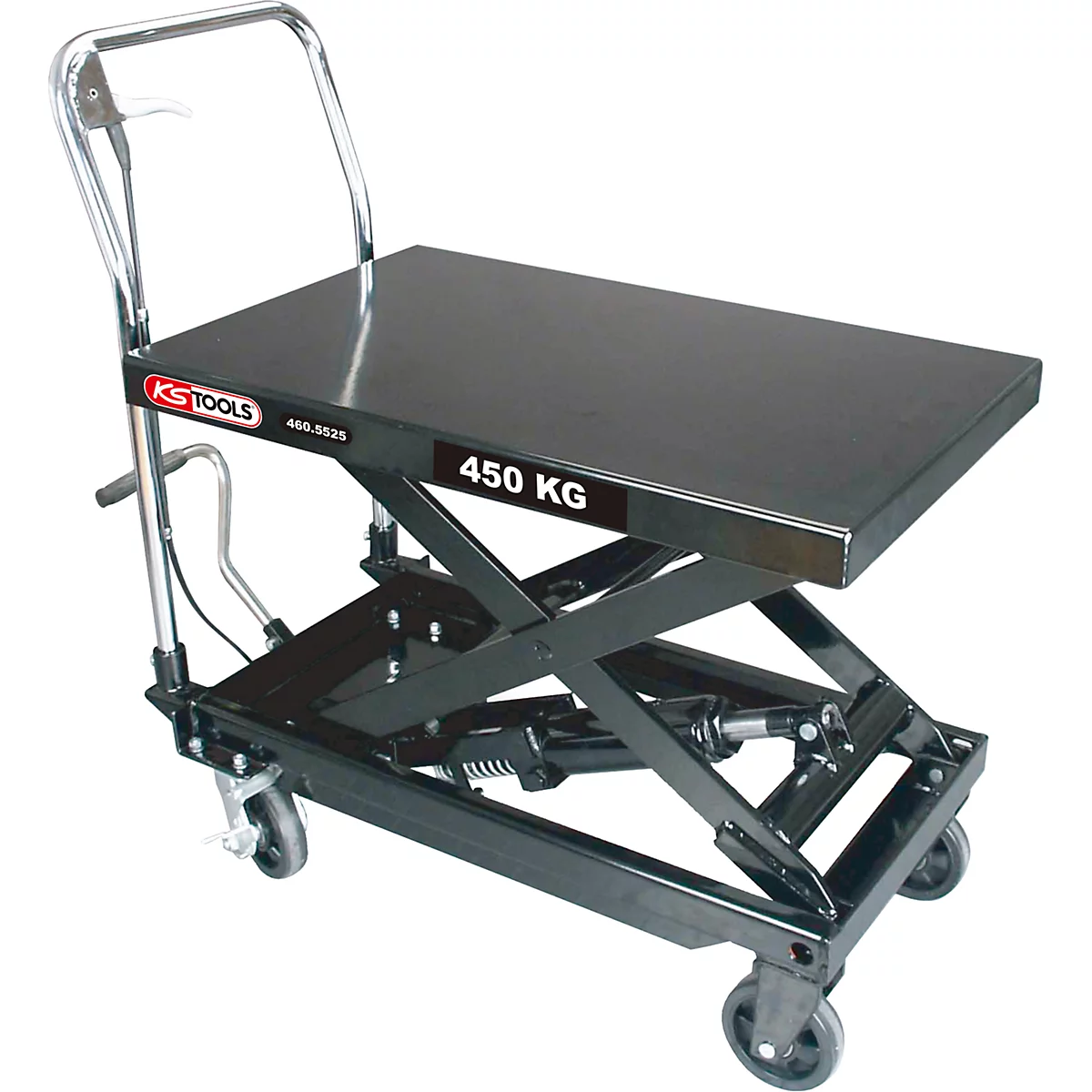 Schwarzer, rollbarer Hubtisch mit "450 KG" Aufschrift, einer Griffstange und dem "KS TOOLS" Logo.