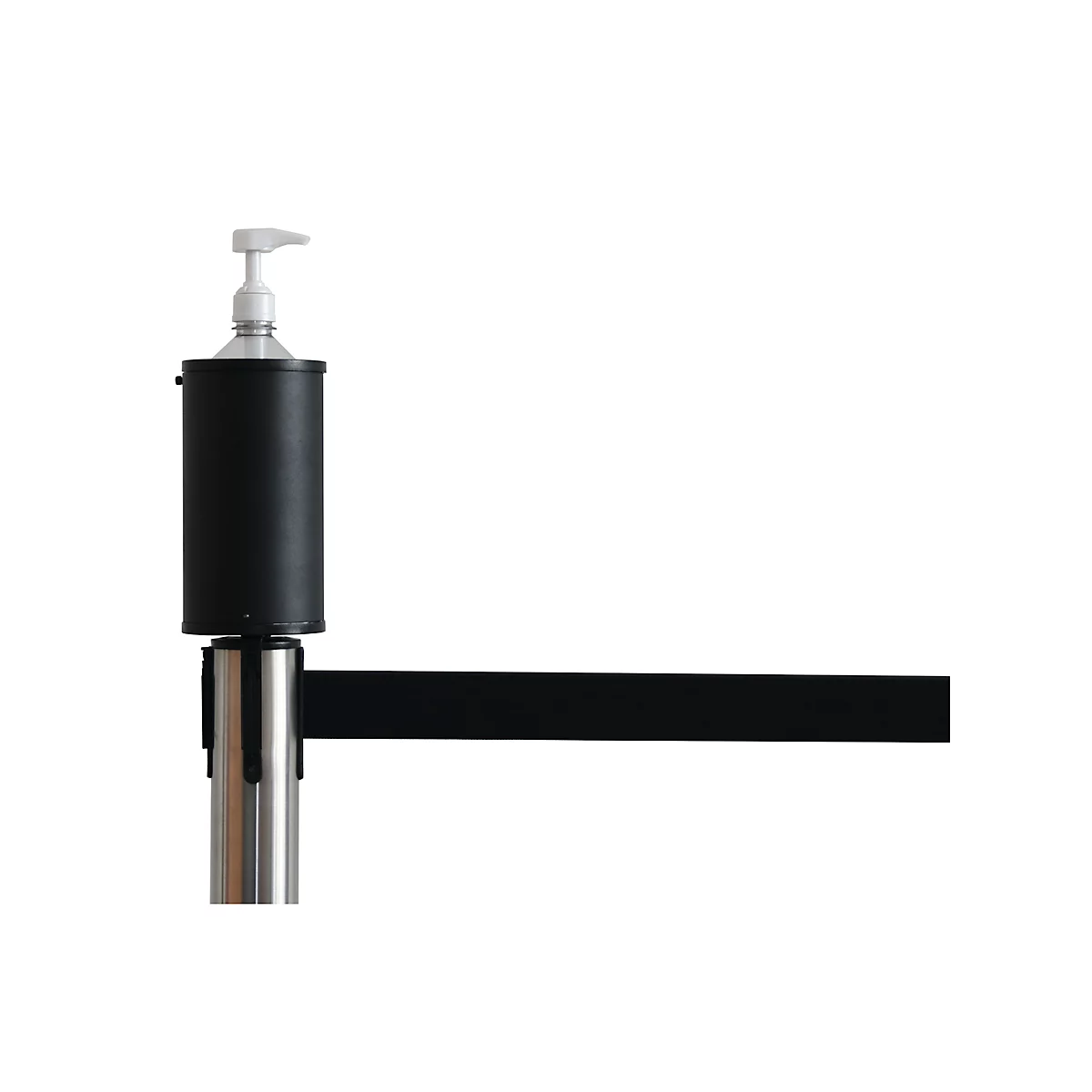 Black hand sanitizer dispenser with barrier tape, on white background.