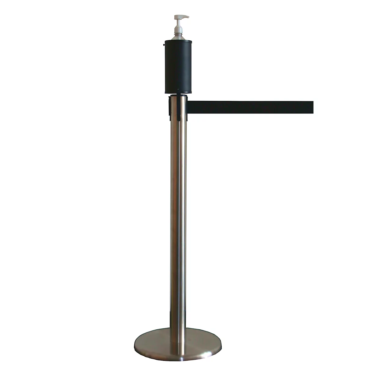 Stainless steel stanchion with hand sanitizer dispenser and barrier tape, against a white background.