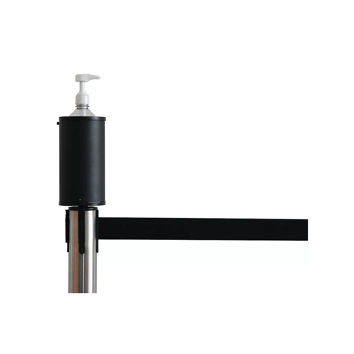 A black hand sanitizer dispenser with a black retractable belt attached to a pole.