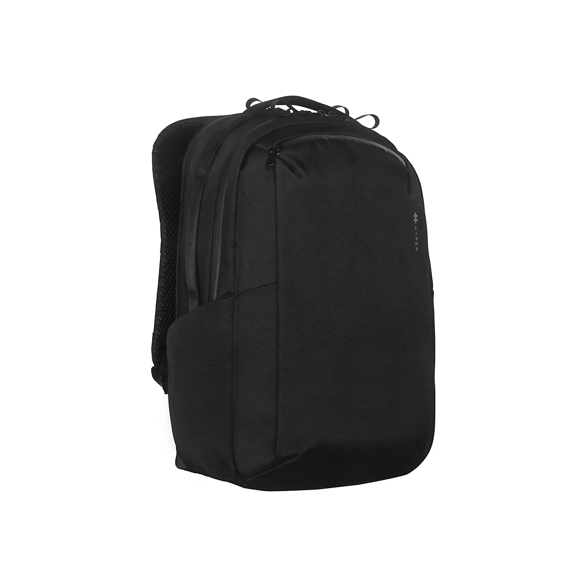 Ein schwarzer, schlichter Laptop-Rucksack mit Reißverschluss vor weißem Hintergrund.