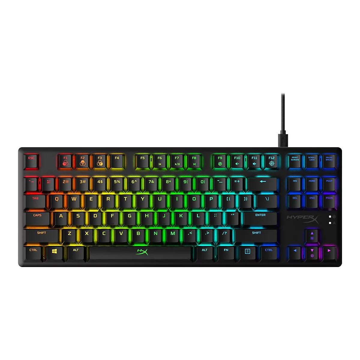 Schwarze Gaming-Tastatur mit Regenbogenfarben und Kabel. Buchstaben und Symbole sind gut sichtbar.