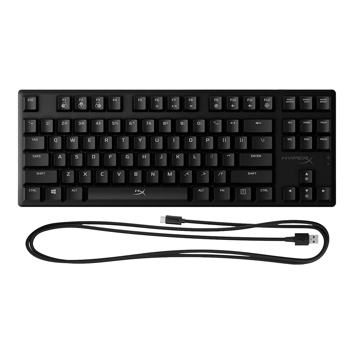 Schwarze Tastatur mit Kabel auf weiÃŸem Hintergrund. Tastenbeschriftung in WeiÃŸ. Rechts ist das HyperX Logo.