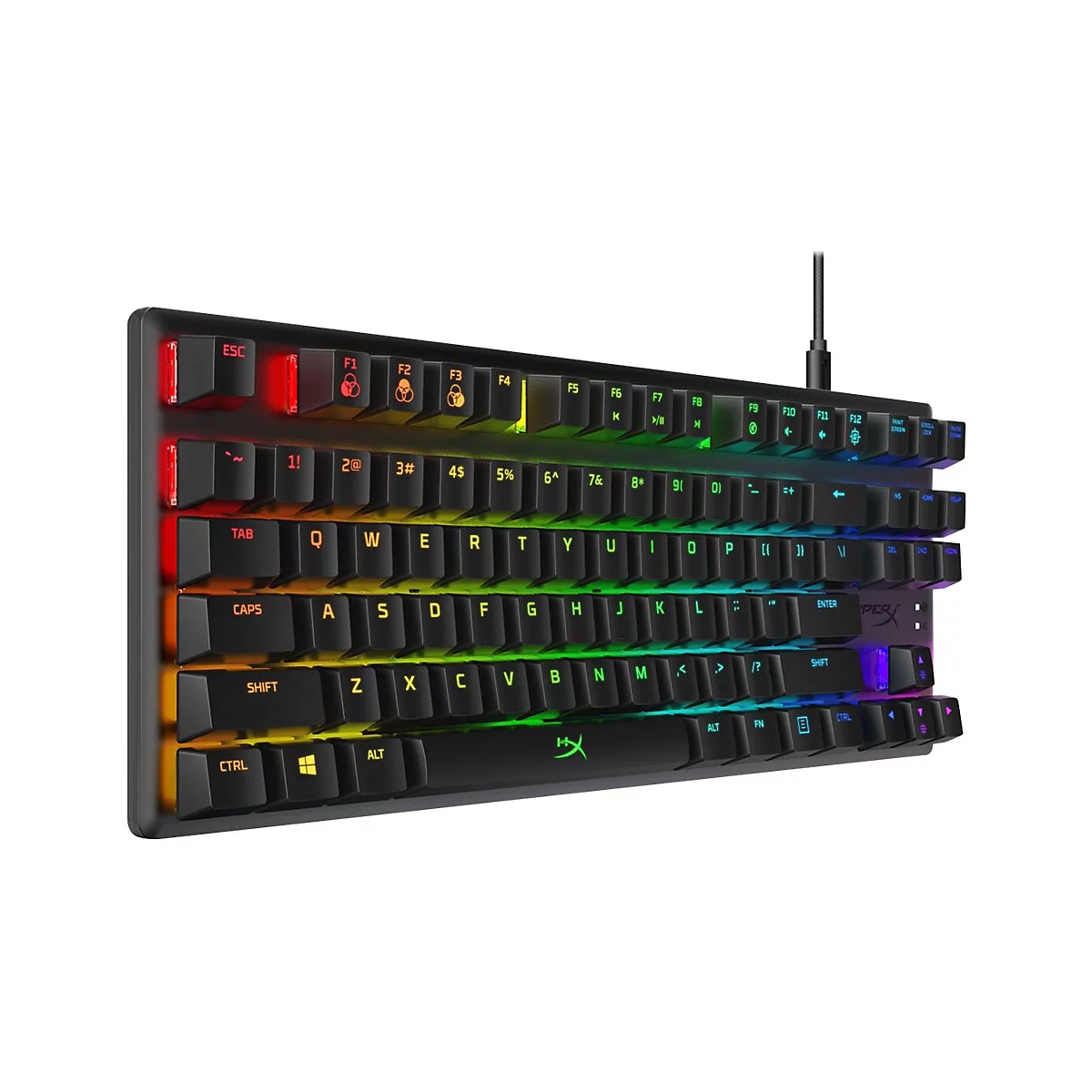 Schwarze mechanische Tastatur mit RGB-Beleuchtung, Kabelanschluss, Buchstaben und Zeichen.