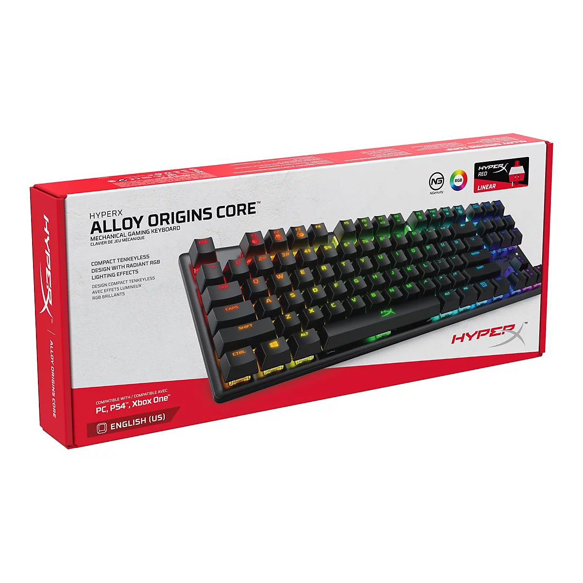 Schwarze Gaming-Tastatur auf einer roten und weiÃŸen Verpackung. Buchstaben leuchten in Regenbogenfarben. Marke: HyperX Alloy Origins Core.
