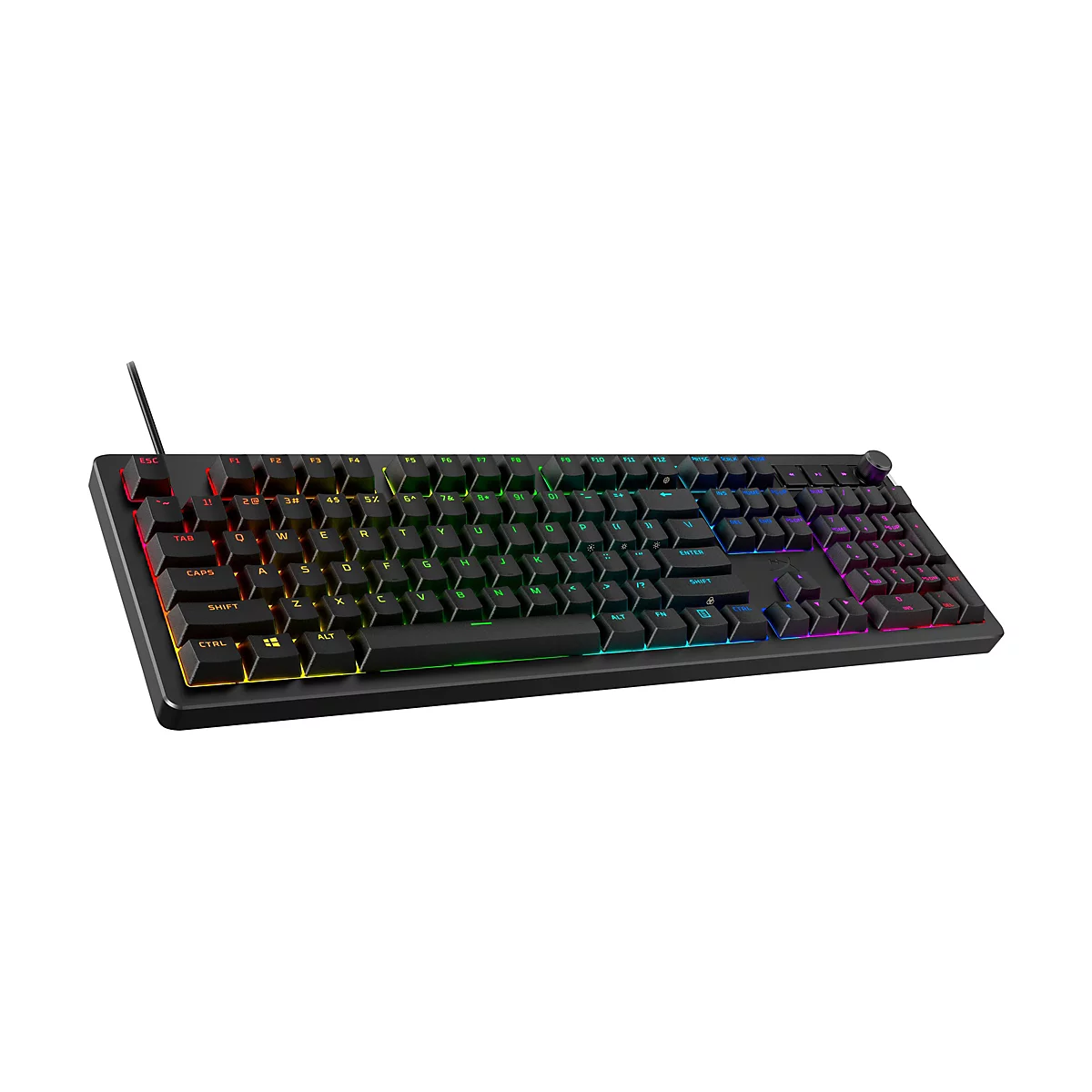 Schwarze Gaming-Tastatur mit farbiger Beleuchtung, isoliert auf weißem Hintergrund.