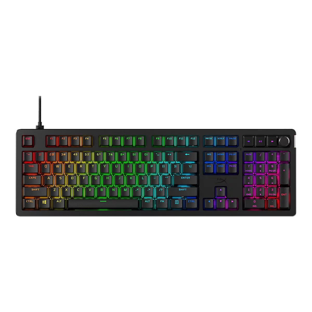 Schwarze Tastatur mit RGB-Beleuchtung; alle Tasten sind beleuchtet, Kabel sichtbar.