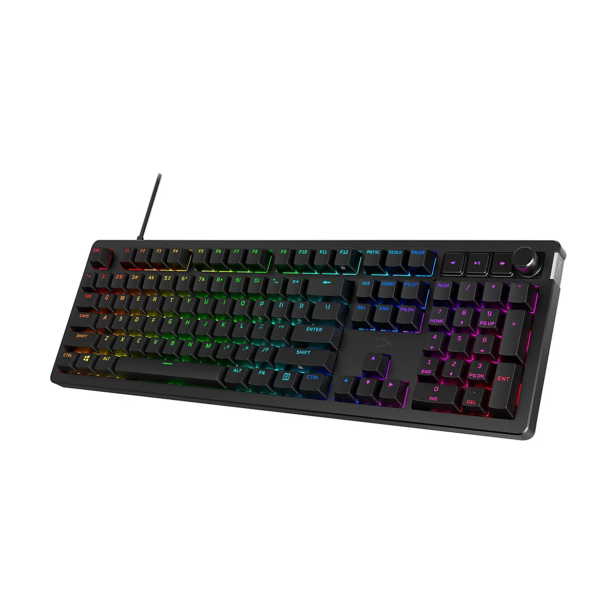 Schwarze mechanische Tastatur mit mehrfarbiger RGB-Beleuchtung. Die Tastatur ist auf weißem Hintergrund abgebildet. Die Tasten sind schwarz und tragen weiße Beschriftungen.