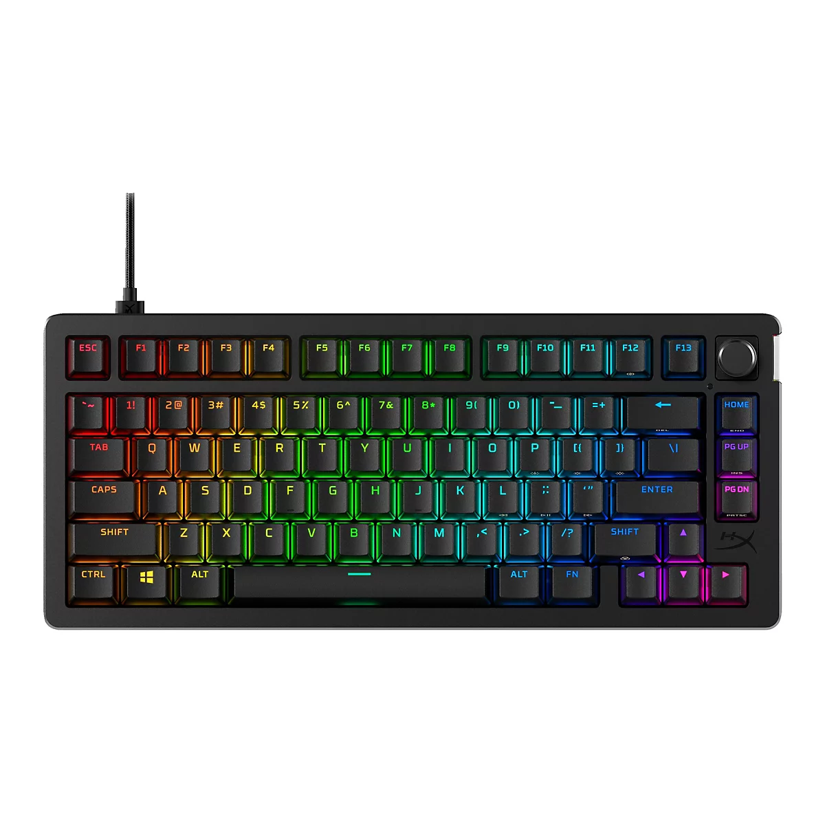Mechanische Tastatur mit farbiger Beleuchtung und Mediensteuerung. Die schwarzen Tasten sind beschriftet und mit Regenbogenfarben beleuchtet.