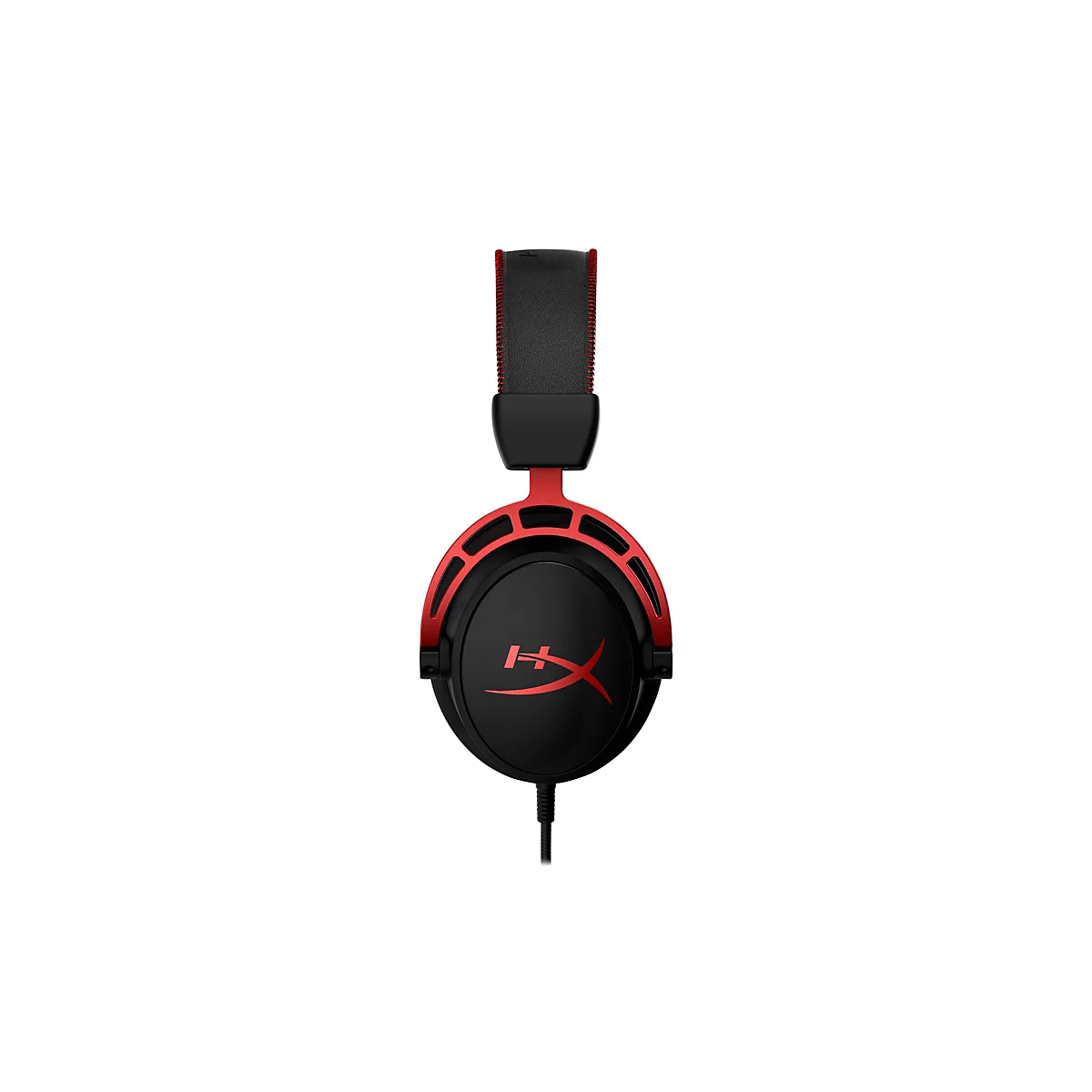 Casque noir avec des accents rouges. Écouteurs ovales avec cadre et logo rouges. Support supérieur noir avec couture rouge.