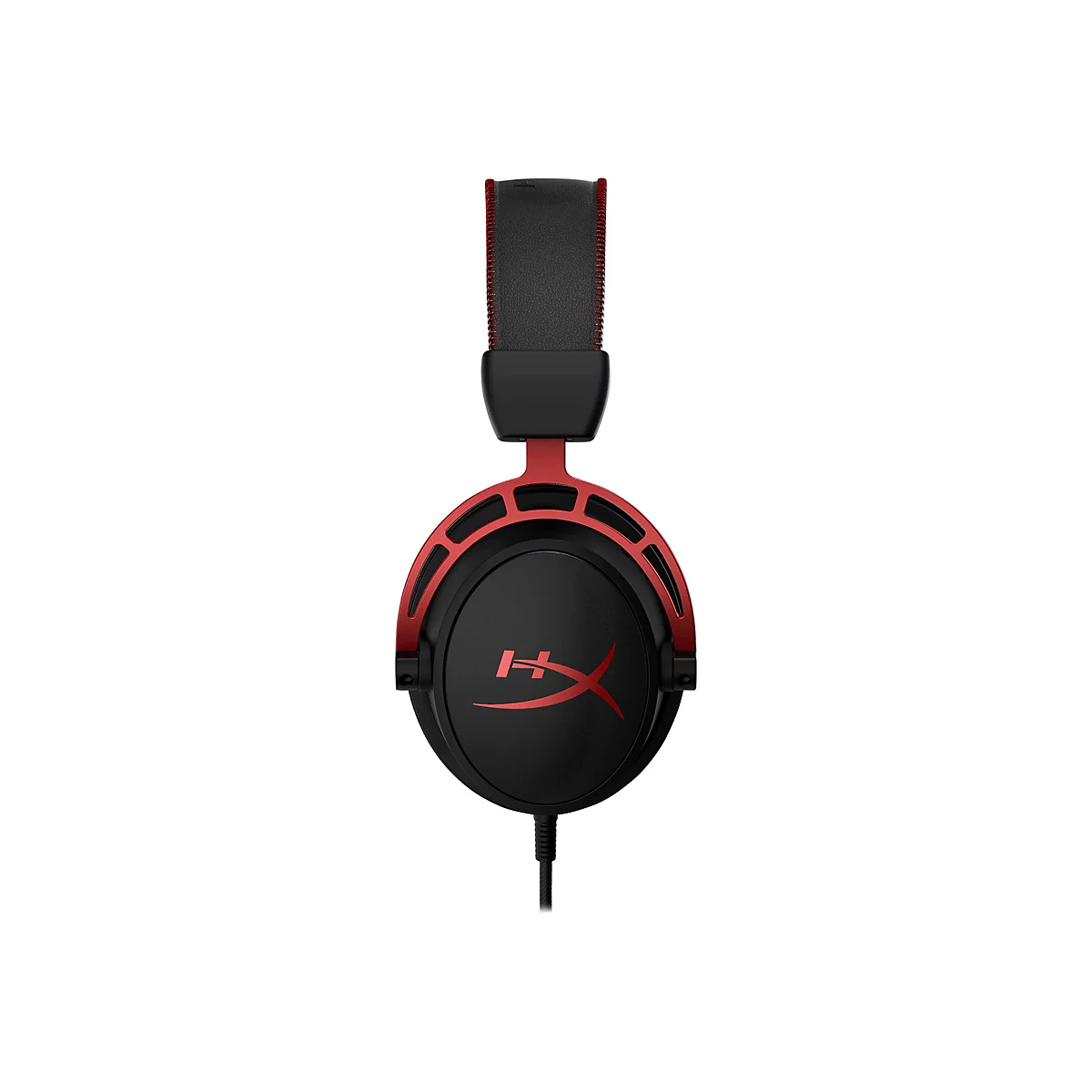 Casque de jeu noir et rouge. Un logo rouge est visible sur les oreillettes. L'arceau est rembourré.