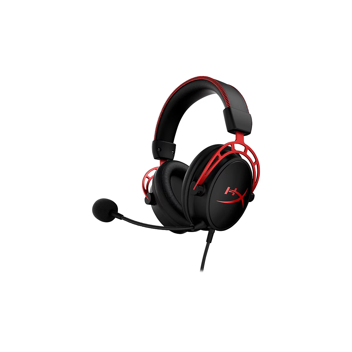 Casque de jeu noir avec des accents rouges et un microphone, sur fond blanc.