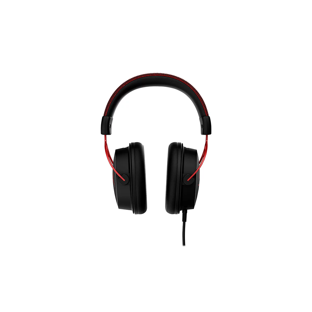 Casque de jeu noir avec surpiqûres rouges et accents rouges. Connexion filaire.