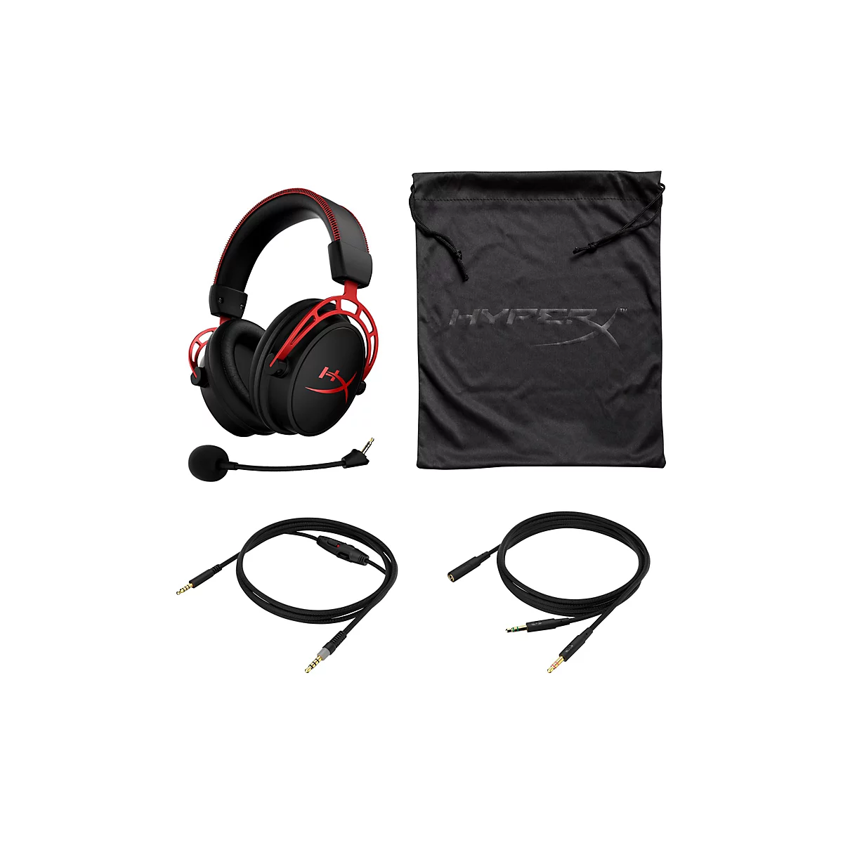 Casque de jeu noir et rouge avec accessoires sur fond blanc. Les accessoires comprennent un microphone, des câbles et un sac avec logo.