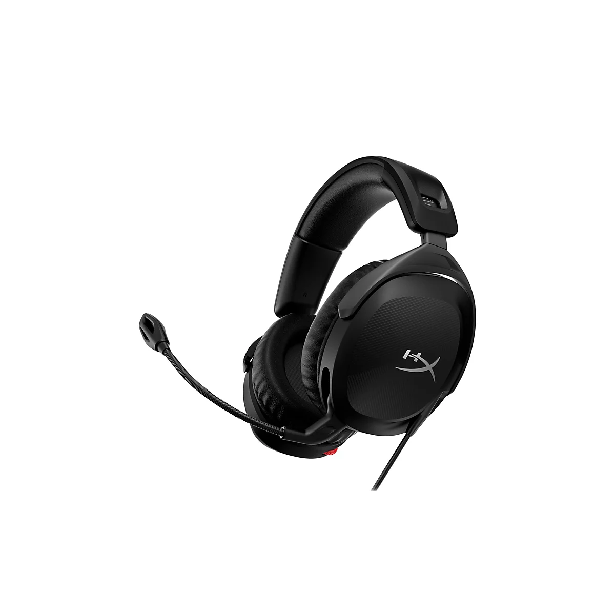 Casque de jeu noir sur fond blanc, bras de microphone, logo HyperX.
