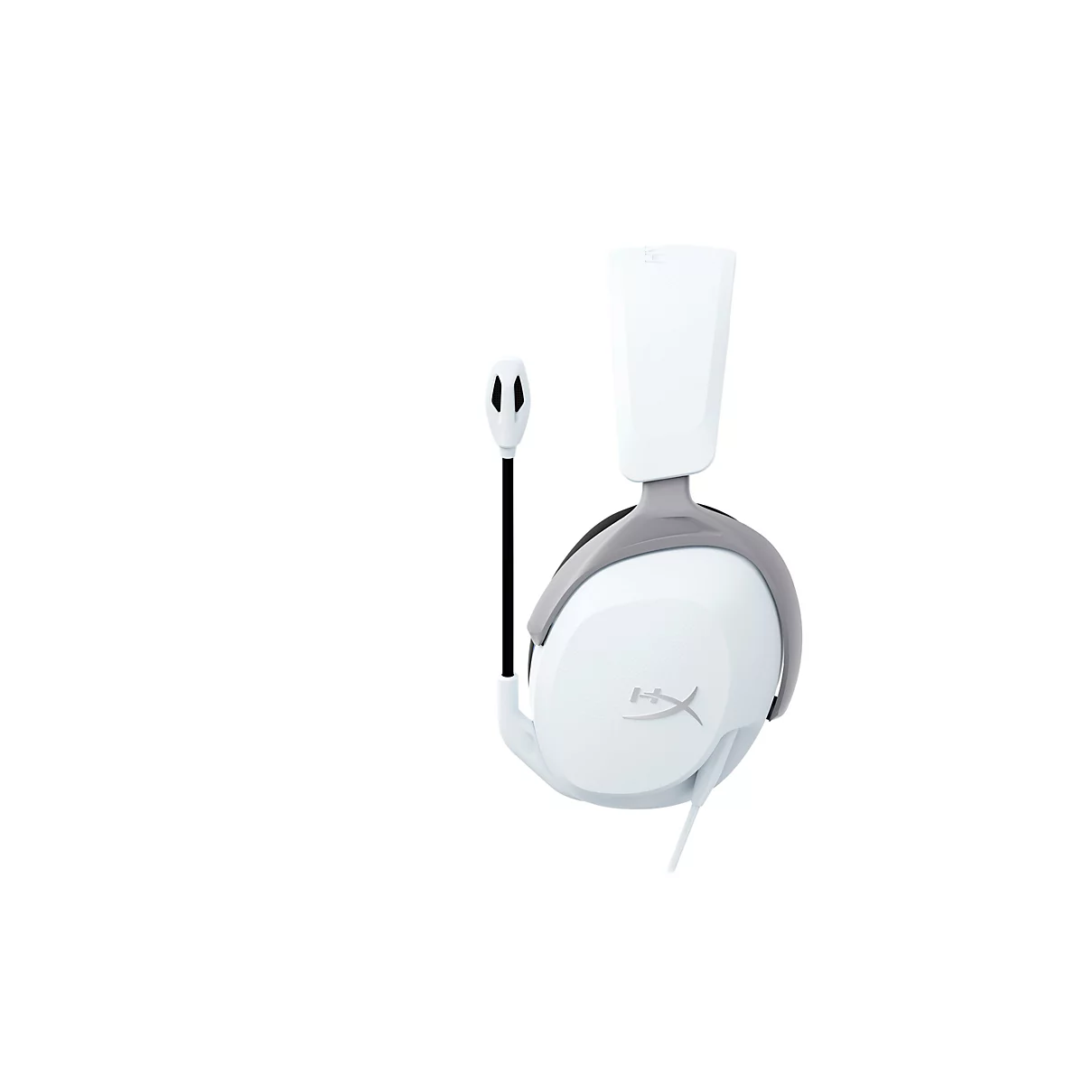 Casque de jeu blanc avec microphone sur fond blanc. Le serre-tête, les oreillettes et le microphone sont blancs, avec un accent gris. Le microphone est noir.