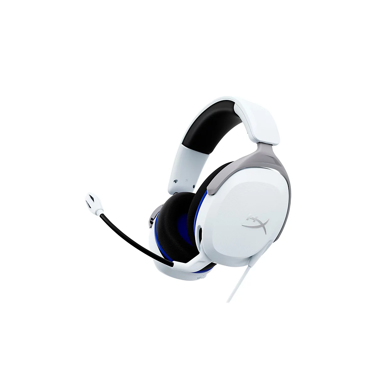 Casque de jeu blanc avec microphone. Écouteurs et bandeau blancs, accents gris, microphone noir, intérieur bleu.